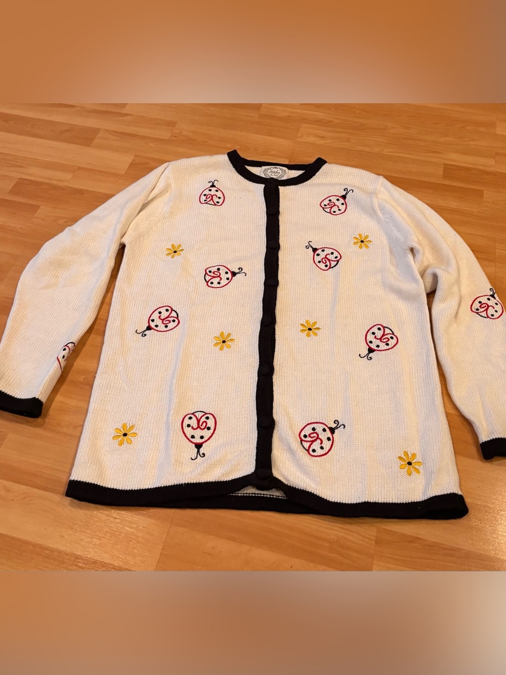 Stitches in Time Vintage Ladybug and Flower Cardigan Sweater